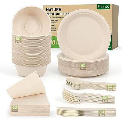FEHHTO Disposable Paper Plates Set 300PCS Compostable Sugarcane Plates,  Bowls, Heavy-duty Utensil, Biodegradable Napkins, Eco-friendly Dinnerware  Set for Party Camping 50 People - Yahoo Shopping