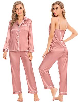SWOMOG Womens 2 Piece Satin Pajamas Silk Short Sleeve Pjs Sets Capri Bottom  Pajama Pants Soft Outfits with Pockets Black at  Women's Clothing  store