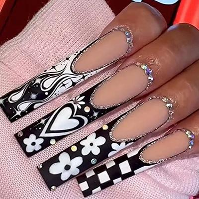 Valentines Nails | 24 Pcs/box French Tips Flower Diamond Rhinestone Press  On Nails