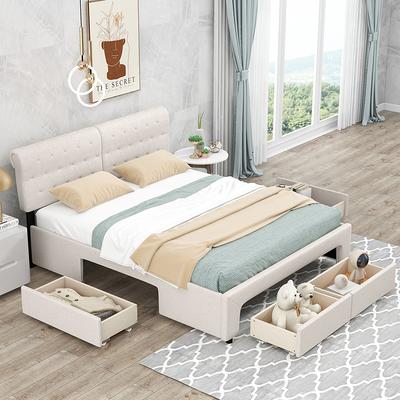 URTR White Wood Frame Full Size Upholstered Platform Bed with LED