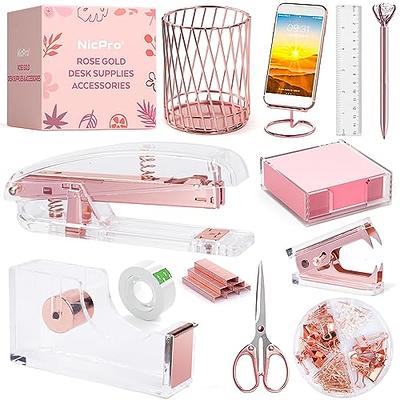 Famassi Rose Gold Desk AccessoriesOffice Supplies Set Acrylic Stapler Set Staple Remover, Tape Holder, Pen Holder, 2 Ballpoint Pen, Scissor, Binder