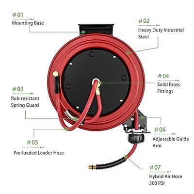 Retractable Air Hose Reel with 3/8 x 50' Pvc Air Hose Red