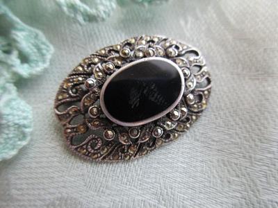 Antique Black Onyx + Marcasite Brooch