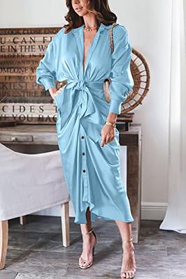 BTFBM Women Long Sleeve Satin Dress 2024 Spring Summer Lapel V Neck Button  Down Belted Elegant Ruched Maxi Shirt Dresses(Solid Light Blue, Medium) -  Yahoo Shopping