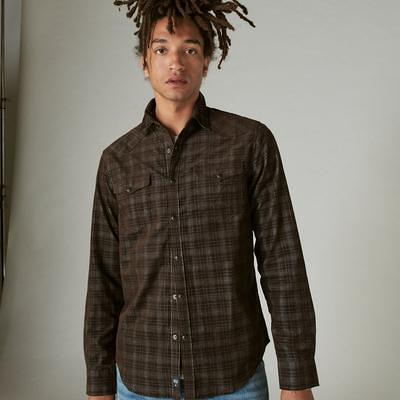 Lucky Brand Men's Plaid Dobby Western Long Sleeve Shirt, Red Plaid