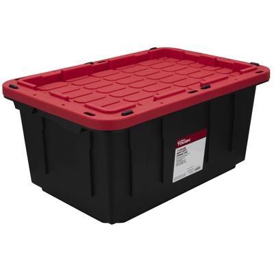 Hyper Tough 12 Gallon Snap Lid Stackable Plastic Storage Bin Container, Black with Red Lid