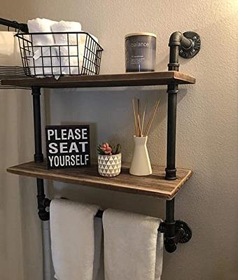 FODUE Industrial Pipe Bathroom Shelves Wall Mounted 2-Shelf,Rustic Pipe  Shelving Wood Shelf with Towel Bar,Pipe Floating Shelves Towel Holder