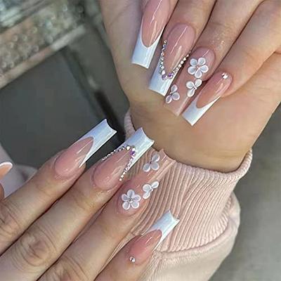 French Tip Press on Nails Long Square False Nails Tube Shape Pink Acrylic  Nails with Rhinestones 3D Cat and Heart Bow Designs Glue on Nails Glitter