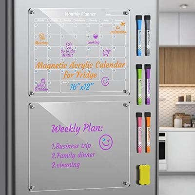 Yirilan Magnetic Acrylic Calendar for Fridge, Clear Set of 2 Dry Erase  Board Calendars for Fridge Reusable Planner, Includes 6 Colors Markers, Pen