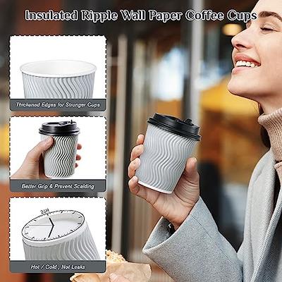 Insulated Ripple Kraft Disposable Paper Coffee Cups White lids from 4 up to  16oz