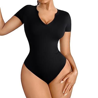 Thong Bodysuit for Women Sexy Basic Mock Neck Solid Short Sleeve Bodysuit  Tummy Control Tops T Shirts Bodysuits (Color : Black, Size : Large)