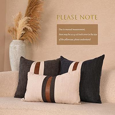 Mecatny Boho Throw Pillows 18x18 Set of 2 - Farmhouse Decorative Throw  Pillows with Inserts Included - Brown Faux Leather Modern Stripe Patchwork