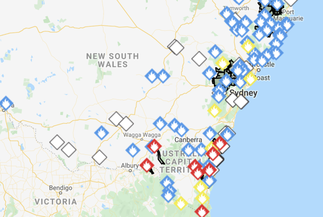 A map showing where bushfires are burning in NSW.