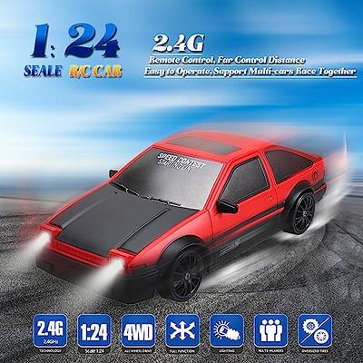 YUAN PLAN Remote Control Car RC Drift Car 2.4GHz 1:24 Scale 4WD 15KM/H High  Speed, Rechargeable High Speed RC Cars with Cool Lights, Two Batteries and