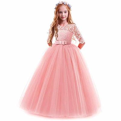 IBTOM CASTLE Flower Girl Lace Dress for Kids Wedding Bridesmaid Pageant  Party Formal Long Maxi Gown Princess Communion Tulle Bow Dresses 5-6 Years  Blue 