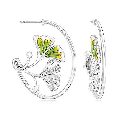 Ross-Simons Yellow and Green Enamel Ginkgo Leaf Hoop Earrings in