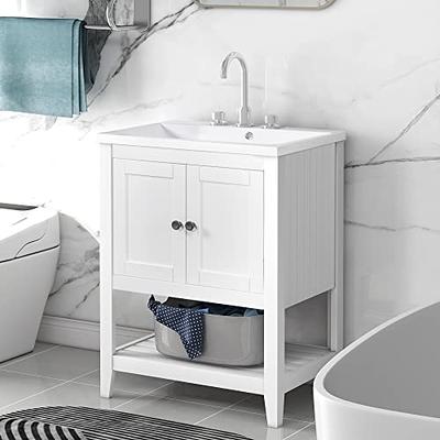 Merax, White 36 Inch Bathroom Vanity with Sink Set Combo, Storage Cabinet  with Doors and Drawers, Ceramic Basin Top