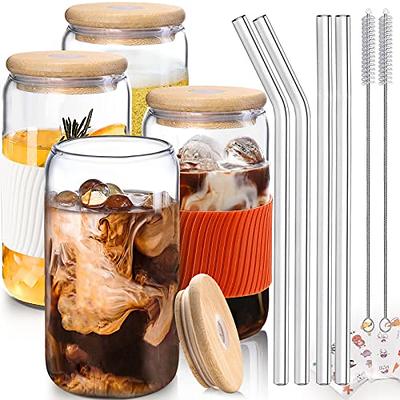 AJARAERA 16 oz Glass Cups with Lids and Straws,Beer Glasses,Iced Coffee Cup, Glass Cups,Glass Cup Set of 12