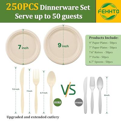 Heavy Duty Paper Plates Set for Dinner, Sugarcane Disposable Eco,9 Inch and  7 Inch Party Plates,Forks,Knives and Spoons Set for 50 People [250 PCS]