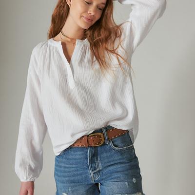 Lucky Brand Long Sleeve Open Neck Shirt - Women's Clothing Button