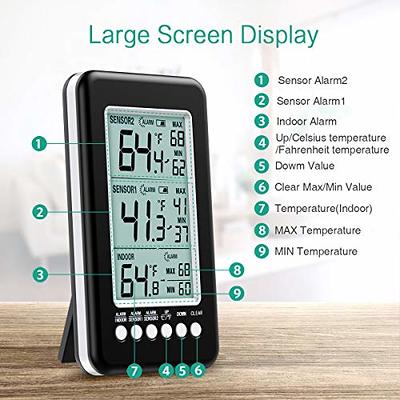 Refrigerator Digital Thermometer, Wireless Indoor Outdoor Thermometer with Remote Sensor Temperature Monitor Gauge with Audible Alarm, Min/Max Record