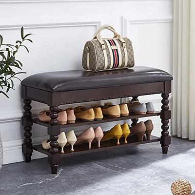 Domax White Shoe Rack Bench for Entryway - Bench with Shoe Storage Front Door Shoe Bench with Cushion Upholstered Padded Seat 3 Tier Bamboo Shoe