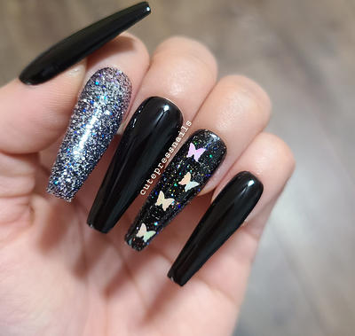 Long Luxury Rhinestone Fake Nails Black French Tips Press On False