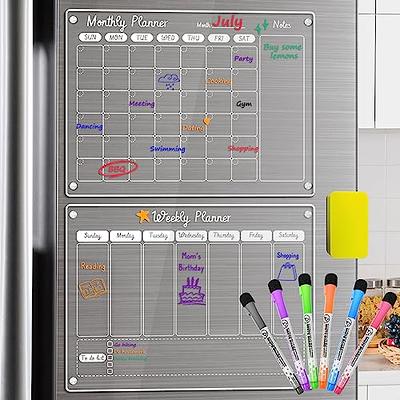 Magnetic Acrylic Calendar for Fridge, 2 Pack Clear Dry Erase Board of  Monthly & Weekly Refrigerator Reusable Planner Board, Includes 6 Markers 3