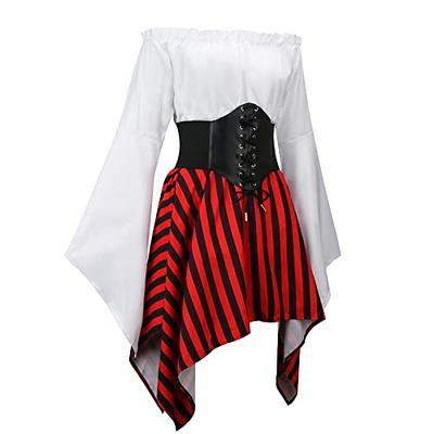 HanaHola 5 pcs Women Pirate Costume Cosplay Renaissance Blouse Tops Corset  Waist Belt Pirate Skirt Stripes Headscarf Eye Patch Outfit (White, Large) -  Yahoo Shopping