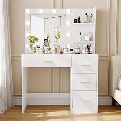 HNEBC Vanity Desk with Plip-up Mirror and Light, Makeup Vanity Table with  Charging Station, White Small Vanity Set has Auto-Sensor/Stool/2