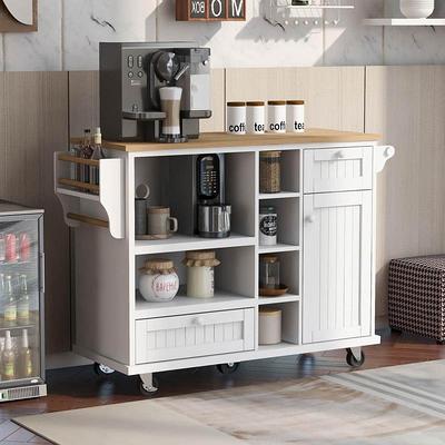 HwoamneT White Kitchen Island with Solid Wood Top Locking Wheels