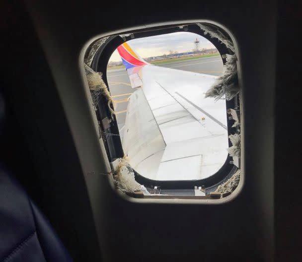 PHOTO: A blown out window taken from inside the Southwest Airlines plane that made an emergency landing at the Philadelphia airport, April 17, 2018. (Marty Martinez)
