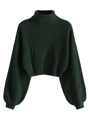 ZAFUL Women's Cropped Turtleneck Sweater Lantern Sleeve Ribbed Knit Pullover  Sweater Jumper (2-Green, L) - Yahoo Shopping