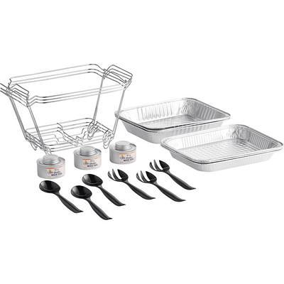 Choice 36 Piece 1/2 Size Disposable Serving / Chafer Dish Kit with (6) Wire  Stands, (6) Deep Pans, (6) Standard Pans, (6) 4 Hour Wick Fuels, and (12)  Utensils