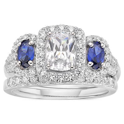 Brilliance Fine Jewelry 925 Sterling Silver Simulated White Diamond with  Created Sapphire accent Bridal Engagement Ring Set - Yahoo Shopping
