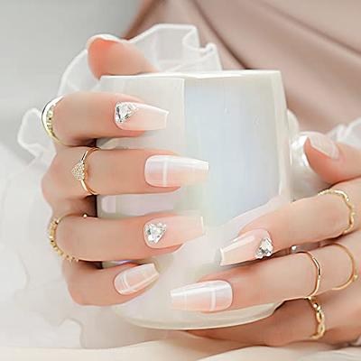 Jofay Fashion Press on Nails with Heart Big Rhinestones, Luxury Nude French  Coffin Stick on Nails