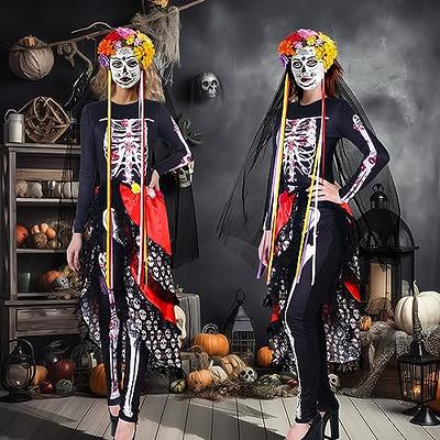 Ramede 4 Pcs Halloween Day of the Dead Catsuit Costume Women Skeleton  Bodysuit Tie on Bustle Headband Temporary Face Tattoos (Large) - Yahoo  Shopping