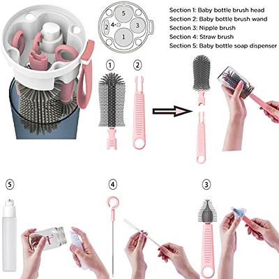 Travel Bottle Brush Set with Stand, Portable Baby Bottle Cleaning Kit  Includes Nipple Brush and Straw Cleaner Brush (Pink) 