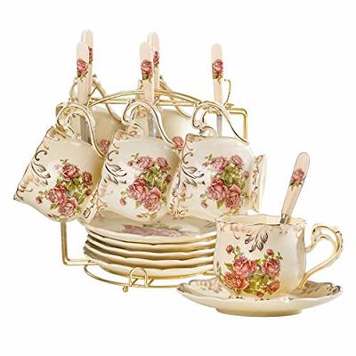 Rose quartz tea set - exquisite carving of a tea kettle and 4 tea cups