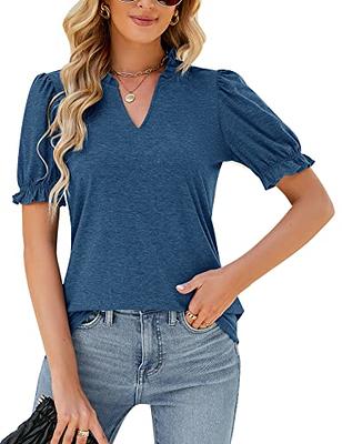 Ficerd Women's Puff Short Sleeve Tunic Tops Pleated Crew Neck Blouses  Dressy Casual Loose Spring and Summer T-Shirts (Black, Small) at   Women's Clothing store