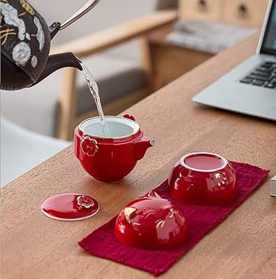 Portable Kungfu Tea Pot Set,Travel Ceramic Teacups with Infuser,A  Minimalist Look (One Pot Two Cups)