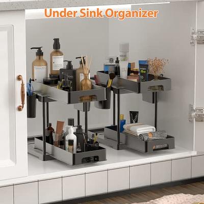 2 PACK Under Kitchen Sink Organizers and Storage, 2 Tier Under Sink  Organizer for Bathroom Cabinet, Undersink Organizer Sliding Drawer with  Hooks