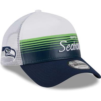 New Era Men's Navy, Natural Seattle Seahawks Historic Logo Devoted Trucker  9TWENTY Snapback Hat