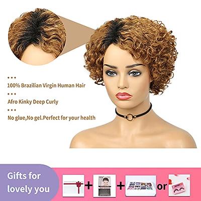 Quantum Love Human Hair Wigs Curly Wave Side Part Wig Short Bob Pixie Cut  Brazilian Remy Human Hair Deep Curly None Lace Front Wigs for Women Ombre  Black Burgundy Color OT530