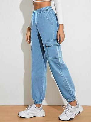 Women's Cargo Jogger Pants High Waisted Drawstring Elastic Waist Cargo Jeans  Casual Denim Pants with Side Flap Pockets Light Blue S - Yahoo Shopping