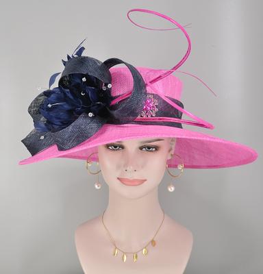 Church Kentucky Derby Hat Carriage Tea Party Wedding Wide Brim Sinamay Hot  Pink W Navy Blue Rhinestones - Yahoo Shopping