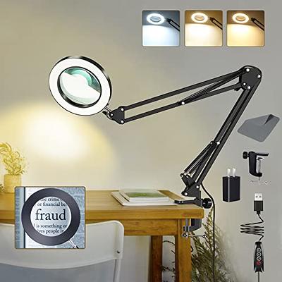 5X Magnifying Glass with Light, 3 Color Modes Stepless Dimmable 8-Diopter  Real Glass Lens Magnifier with Light Desk Lamp Clamp Swivel Arm for Crafts