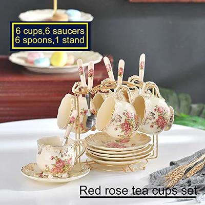 8oz. Set of 4 Coffee/Tea Cups On Metal Stand-Red and Ivory Flower