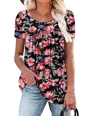 Women's Floral Short Sleeve Pleated T-shirt Summer Casual Loose