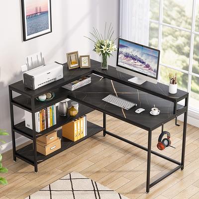 Tribesigns Reversible L Shaped Computer Desk with Monitor Stand, 69 Inch  Large Corner Desk with Storage Shelf, Industrial Computer Table Writing  Desk